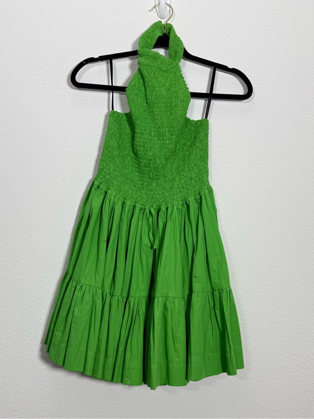 S/W/F Green Smocked Halter Mini Dress Tiered Cotton Open Back Resort Dress